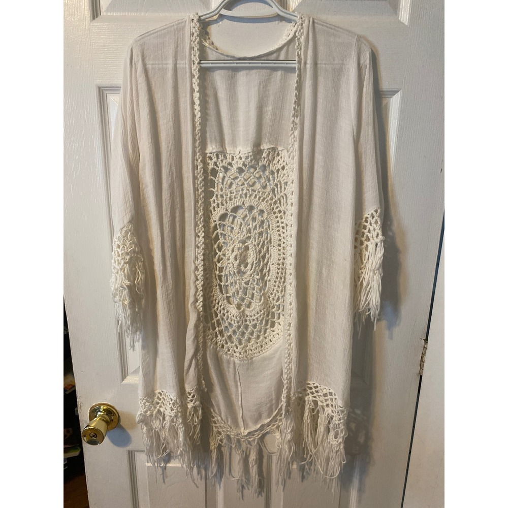 Cupshe White Crochet Medallion Fringe Kimono Cover Up Boho Beach Layer